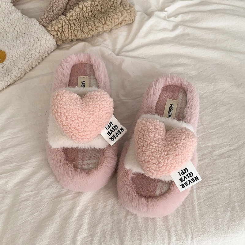 可爱ins风甜美爱心毛毛拖鞋少女心秋冬居家室内防滑厚底家用拖鞋