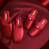 婚礼陪嫁酒店家用拖鞋 轻奢镶钻蝴蝶结绸缎新娘新郎结婚拖鞋 中式