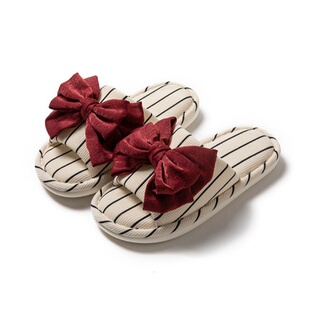 甜美丝绒蝴蝶结竖纹棉麻凉拖鞋女春秋夏季居家室内防滑家用拖鞋
