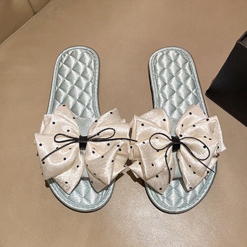法式仙女风波点蝴蝶结缎面拖鞋女