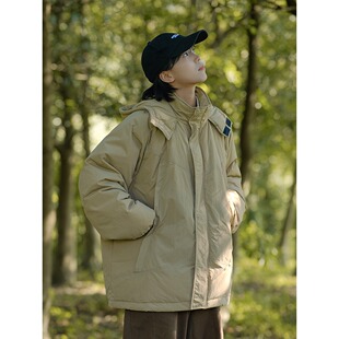 日系复古连帽羽绒服男女冬季 加厚保暖外套 宽松90白鸭绒纯色中长款