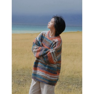 面包与好天气彩虹毛衣女宽松日系复古软糯彩色圆领套头慵懒针织衫