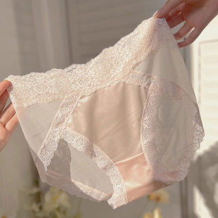 一件法式丝滑缎面高腰蕾丝内裤女性感收腹提臀女款三角裤无痕
