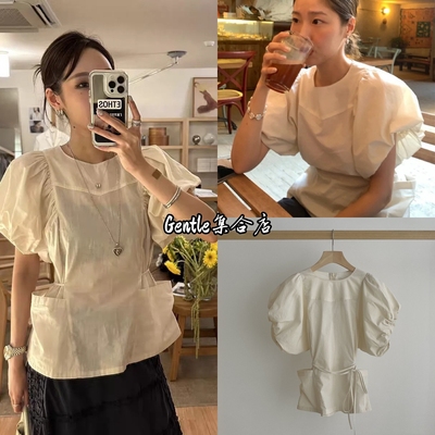 现货 Ethos 25夏新款 韩系气质设计感口袋泡泡袖系带收腰衬衫女