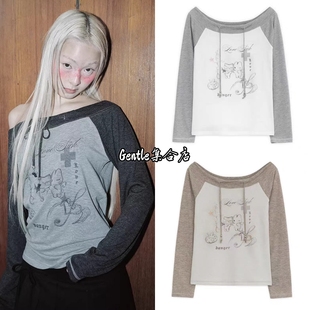 在途现货 hugyourskin 26新款插画系带一字肩露肩拼色休闲长袖t恤