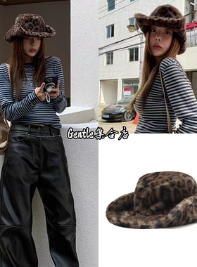 在途 AWESOME NEEDS 25新款复古豹纹仿皮草绅士帽骑士帽牛仔帽