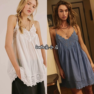 现货 free people 性感半透蕾丝花边居家睡裙低胸吊带短款连衣裙