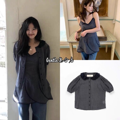 现货  viaplain 26夏季新款蕾丝领口格纹衬衫吊带裙叠穿两件套女