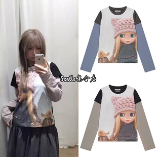 现货 coyseio 联名blythe 26新款卡通娃娃拼接条纹假两件长袖T恤