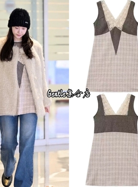 现货 Viaplain 林允儿同款甜美V领碎花蕾丝拼接格纹吊带连衣裙女