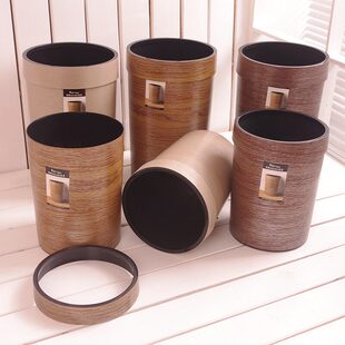 顺美创意仿原木纹路圆形塑料压边垃圾桶 家用厨房客厅酒店垃圾桶