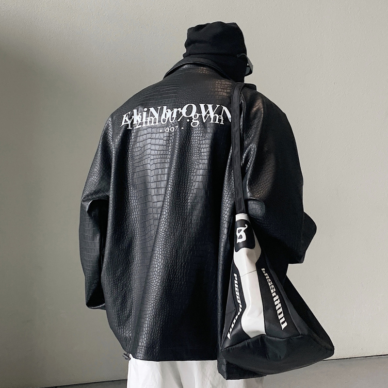鳄鱼纹美式机车服PU皮夹克hiphop教父外套男潮高级感爱因斯坦皮衣