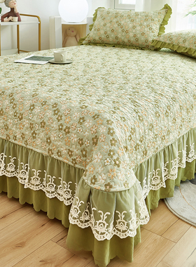 双层花边床盖三件套夹棉床单床裙带裙边床罩单件四季通用防滑新款