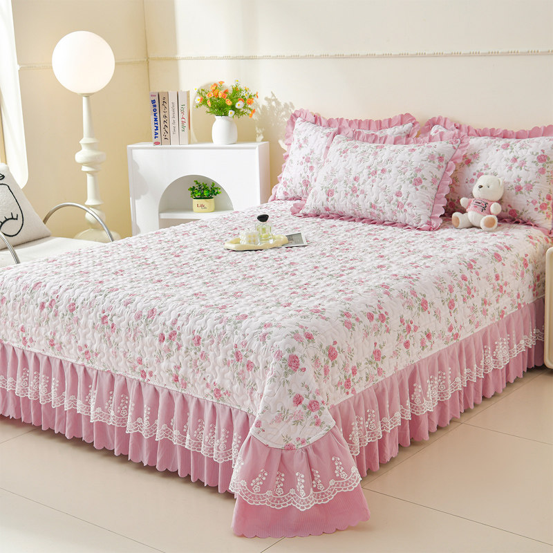 妙洋夹棉床盖单件床裙三件套碎花蕾丝花边公主风加厚床罩四季通用
