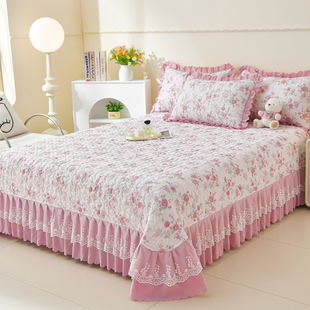 妙洋夹棉床盖单件床裙三件套碎花蕾丝花边公主风加厚床罩四季通用