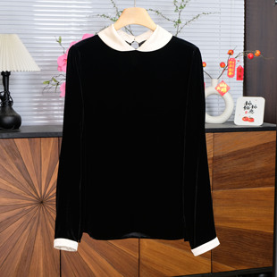 真丝丝绒醋酸拼接娃娃领气质减龄百搭上衣26秋款