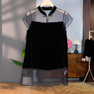 真丝丝绒中式立领盘口女夏季新款欧根纱拼接百搭气质飞飞袖上衣