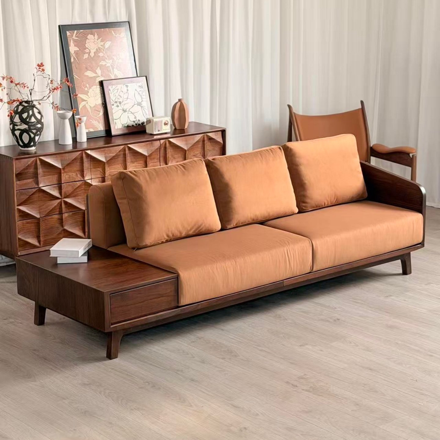 新中式黑胡桃木实木沙发客厅三人