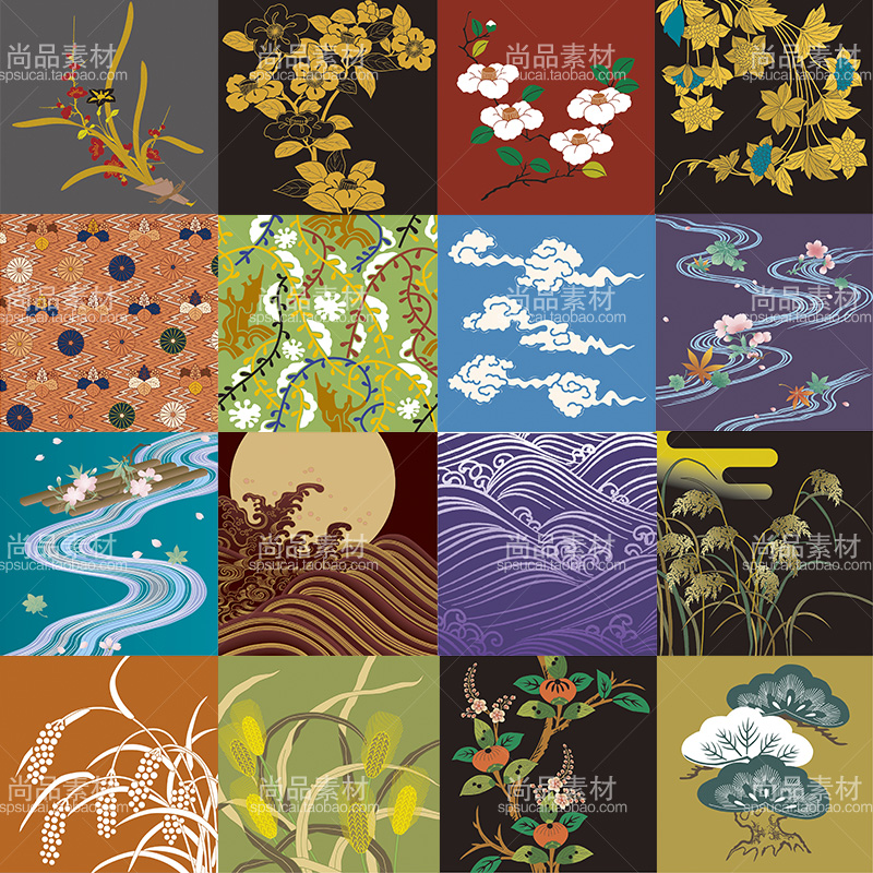 日式手绘插画创意图案花纹背景产品包装素材AI矢量设计模板下载