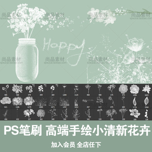 ps笔刷手绘花卉小清新插画设计背景素材满天星花瓶画笔预设下载