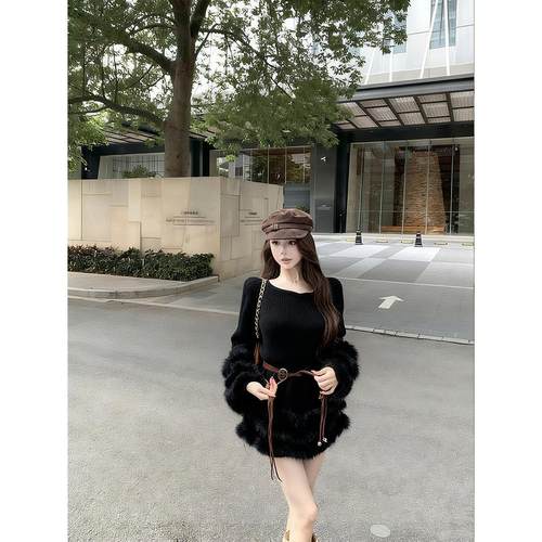 设计感拼接毛毛黑色长袖针织连衣裙女秋季显瘦高腰气质毛衣短裙子