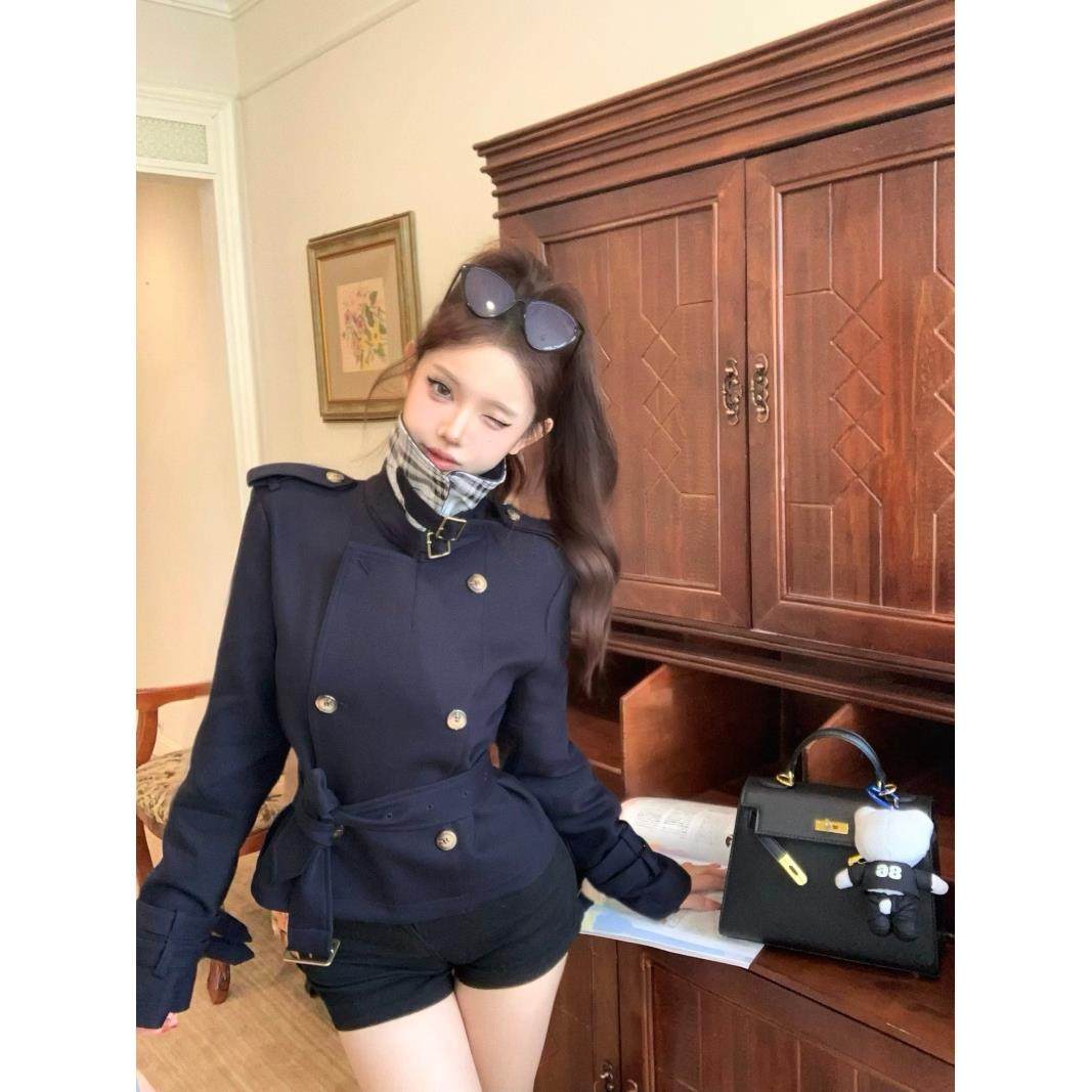 藏青色立领风衣外套女秋冬2025新款高级感覆古英伦风收腰修身上衣