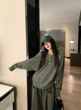 宅女家慵懒风绿色半开领蝙蝠袖针织衫女装秋季宽松显瘦休闲上衣