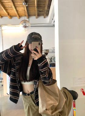 宅女家甜美风撞色条纹气质连帽长袖卫衣女秋季显瘦百搭减龄上衣