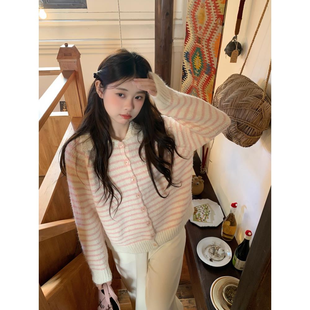 宅女家甜美风粉色条纹翻领毛衣外套女秋季宽松显瘦减龄chic上衣
