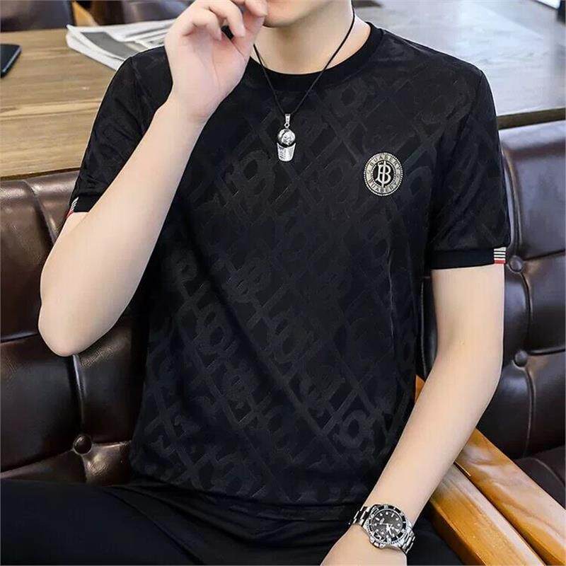 夏季冰丝提花短袖男士圆领韩版修身T恤凉感透气半袖印花色体恤潮