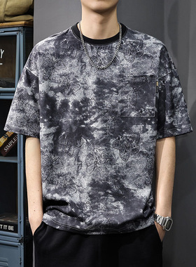 高级感灰色冰丝短袖T恤男高街ins潮牌oversize五分袖夏季圆领半袖