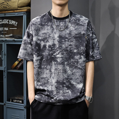 高级感灰色冰丝短袖T恤男高街ins潮牌oversize五分袖夏季圆领半袖