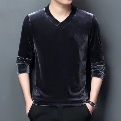 秋冬季男士V领上衣休闲金丝绒修身内穿长袖百搭t恤打底衫潮流潮牌