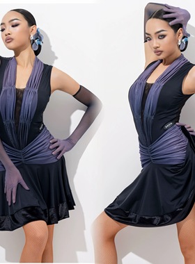 David舞服女士拉丁舞渐变紫色褶皱大摆练习服院校艺考服表演服