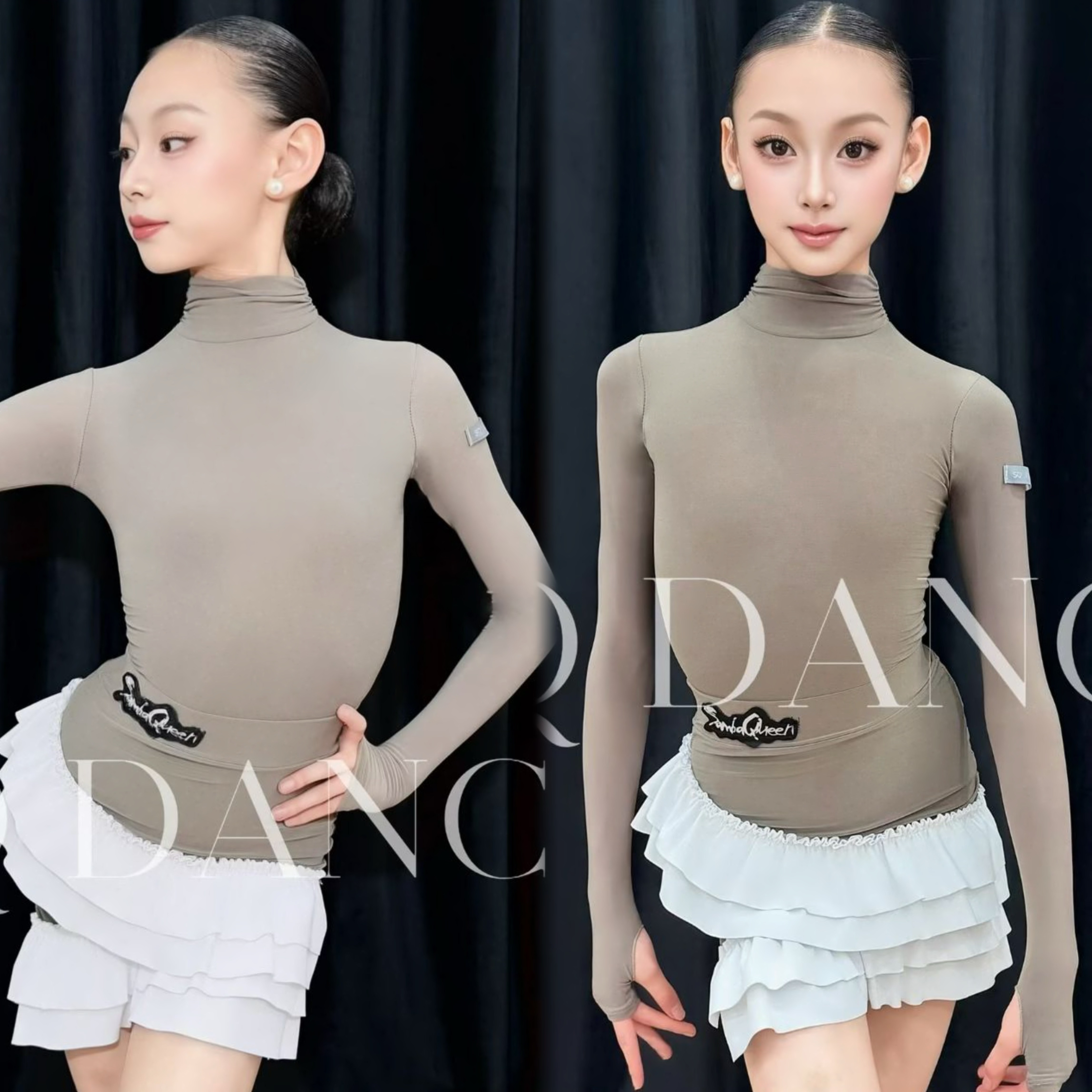 SQ舞服少儿拉丁舞长袖高领白色花边精致高腰练习服女童跳舞秋冬