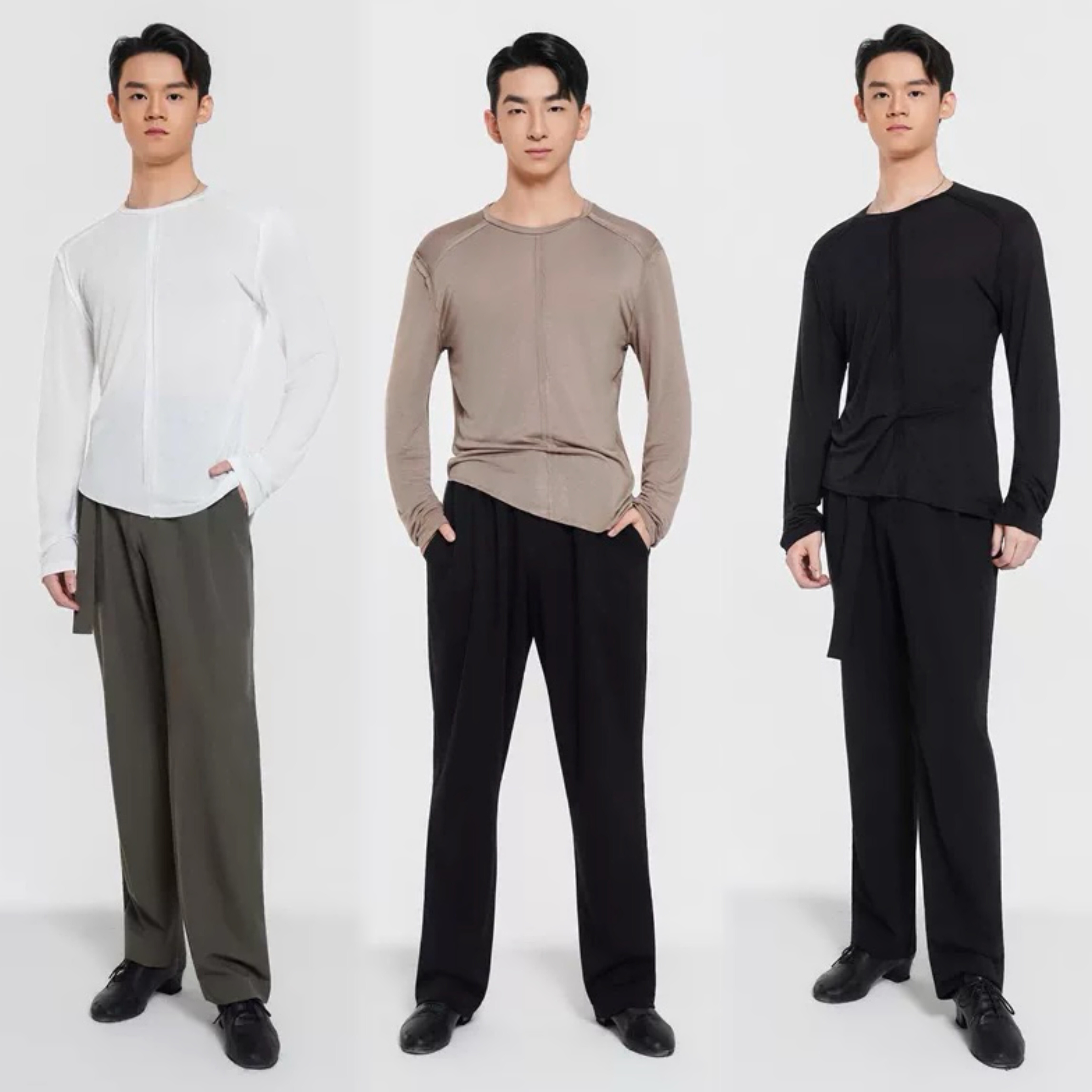FZS舞服NS048少儿拉丁舞男款天蚕丝长袖上衣宽松练功服黑白咖三色