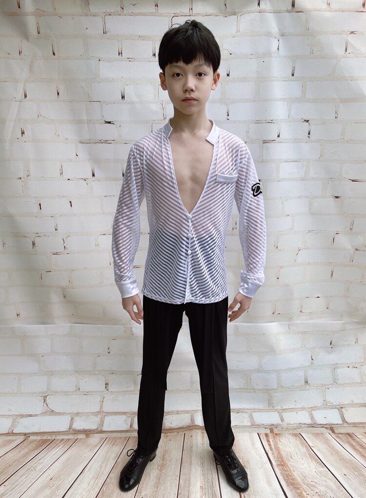 拉丁舞服练习服夏季半透白色表演衬衫拉丁训练服宽松舞蹈练功服男