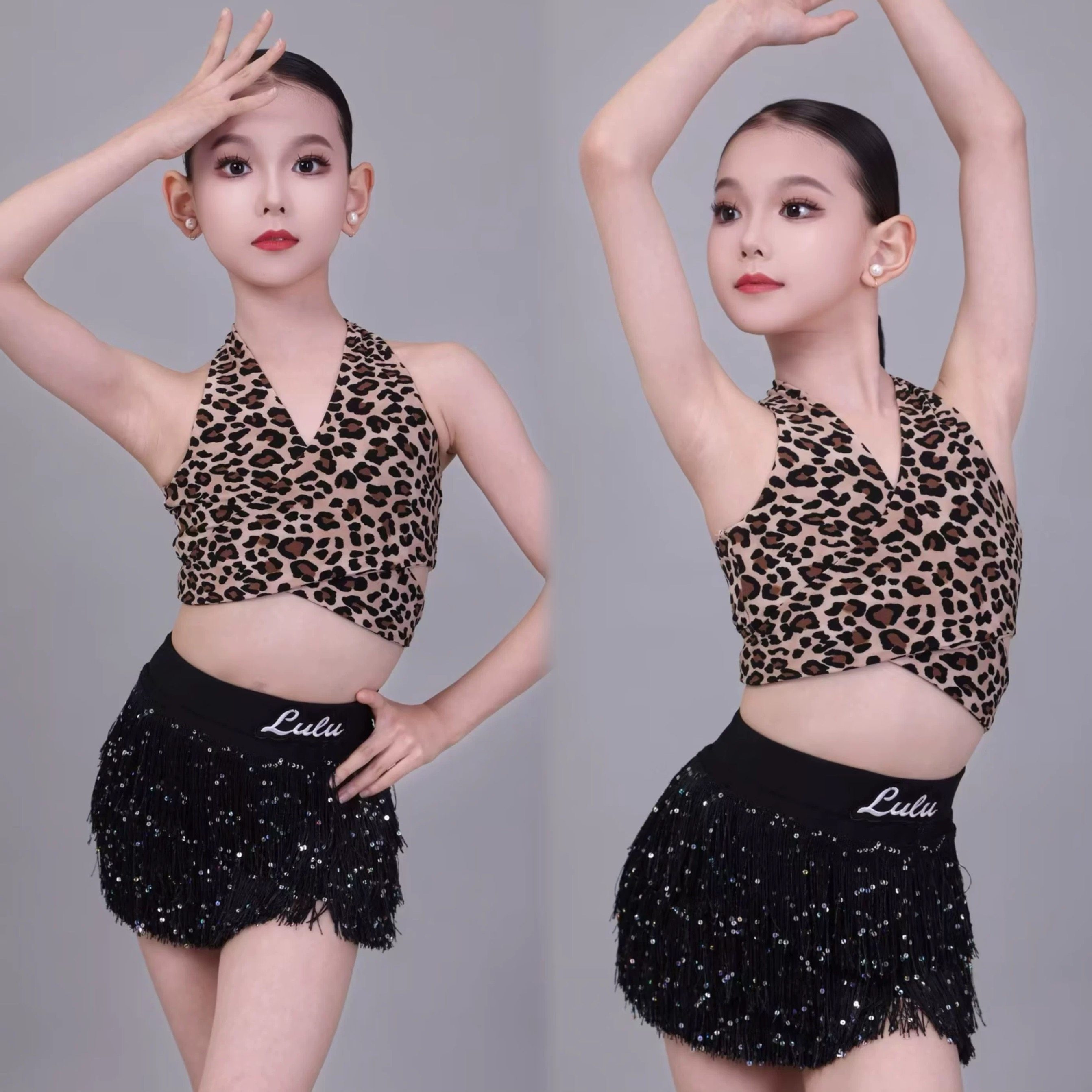 Lulu舞服少儿拉丁舞豹纹亮片流苏挂脖套装女童跳舞表演服练习服