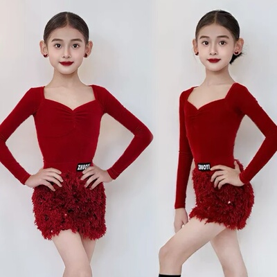 2025新款卓艺拉丁舞服女童冬季红焰小舞后分体练习服套装