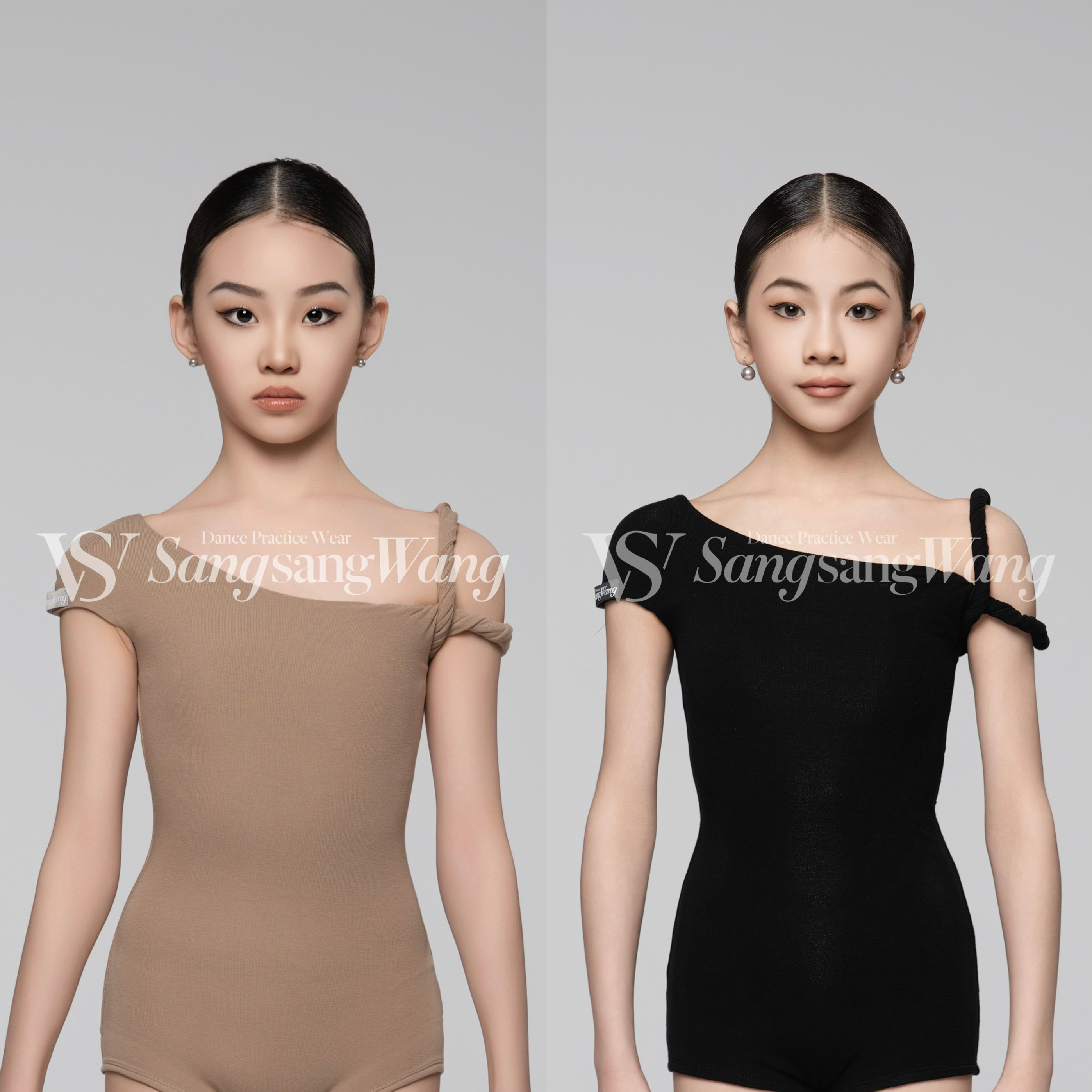 sswang少儿拉丁舞超细螺纹斜麻花肩带百搭斜领练习服上衣跳舞女童