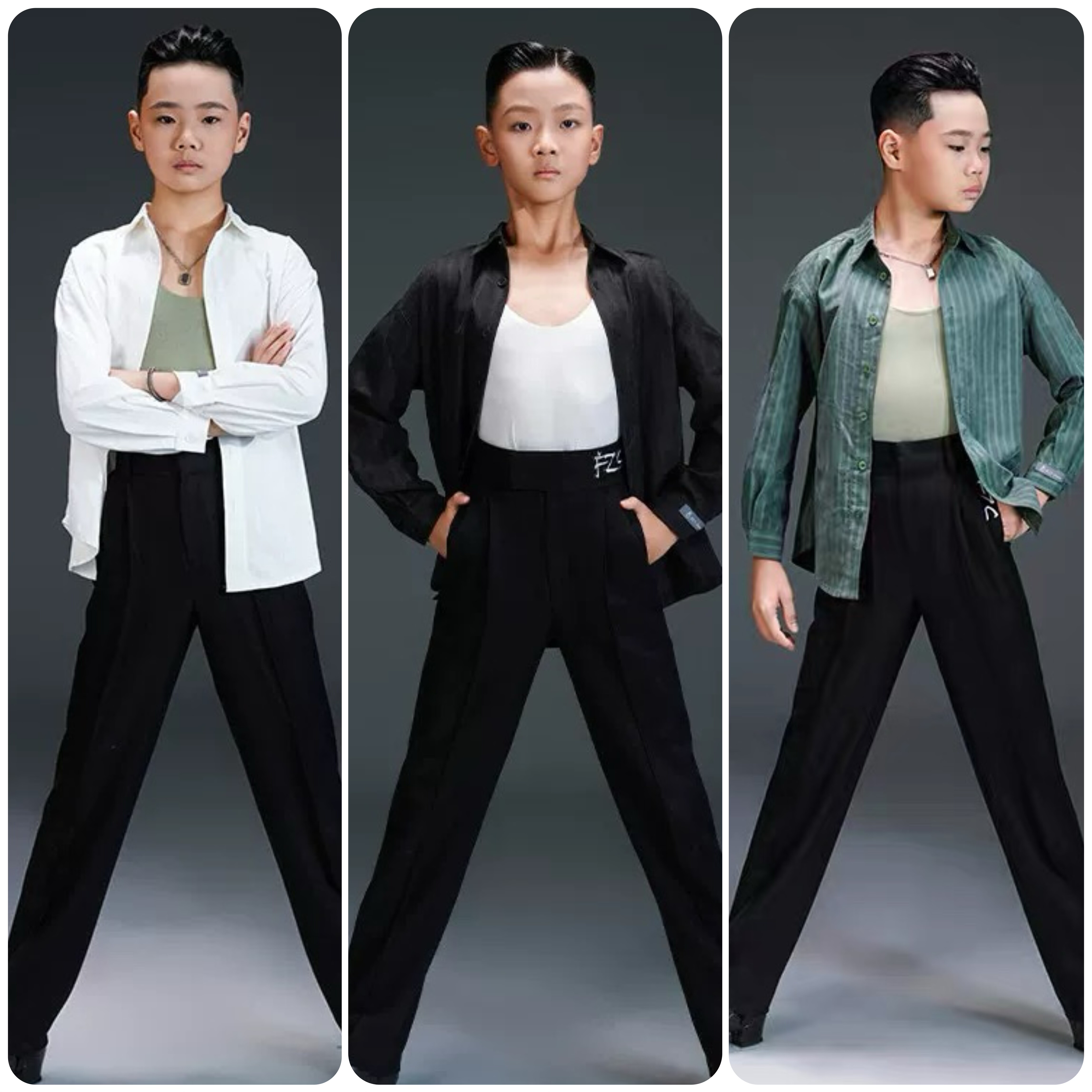 FZS舞服少儿拉丁舞男童男款长袖衬衫丽丝条上衣练功服三色可选