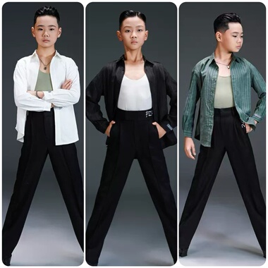 FZS舞服少儿拉丁舞男童男款长袖衬衫丽丝条上衣练功服三色可选