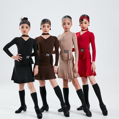 ZYDANCE少儿冬季新款女童长袖表演分体包臀裙拉丁舞服高级练习服