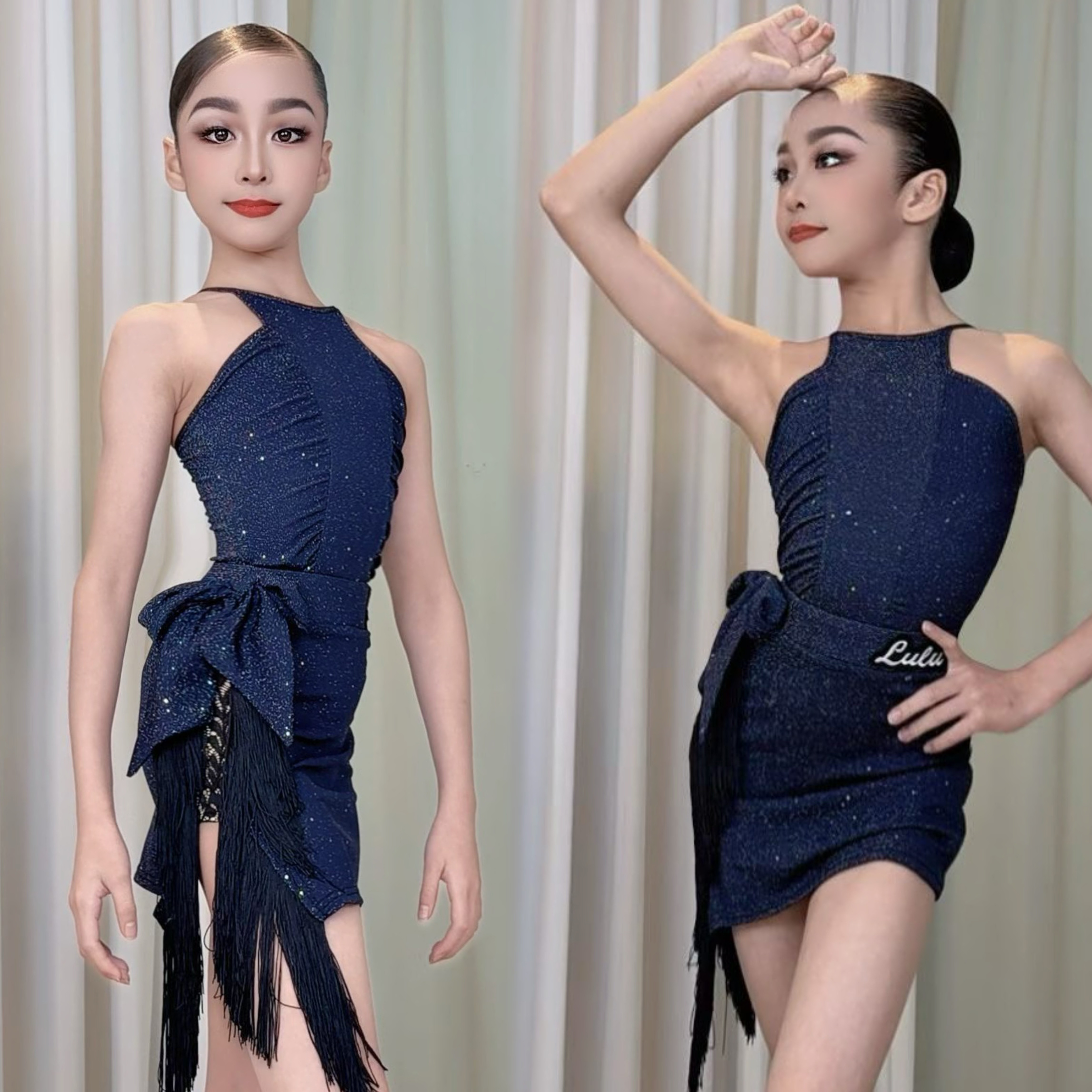 LULU舞服少儿拉丁舞夏季新款流苏亮片挂脖连衣裙套装表演服练功服