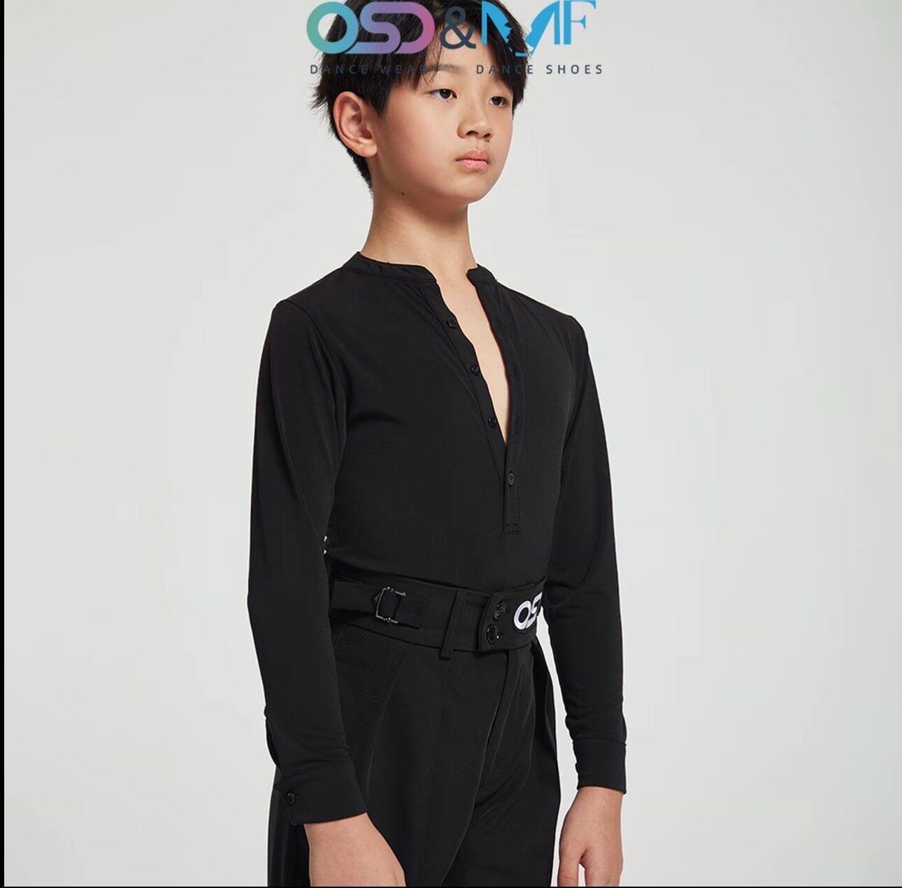 OSD舞服少儿拉丁舞男生秋冬v领纽扣T恤长袖练习服百搭集训男童