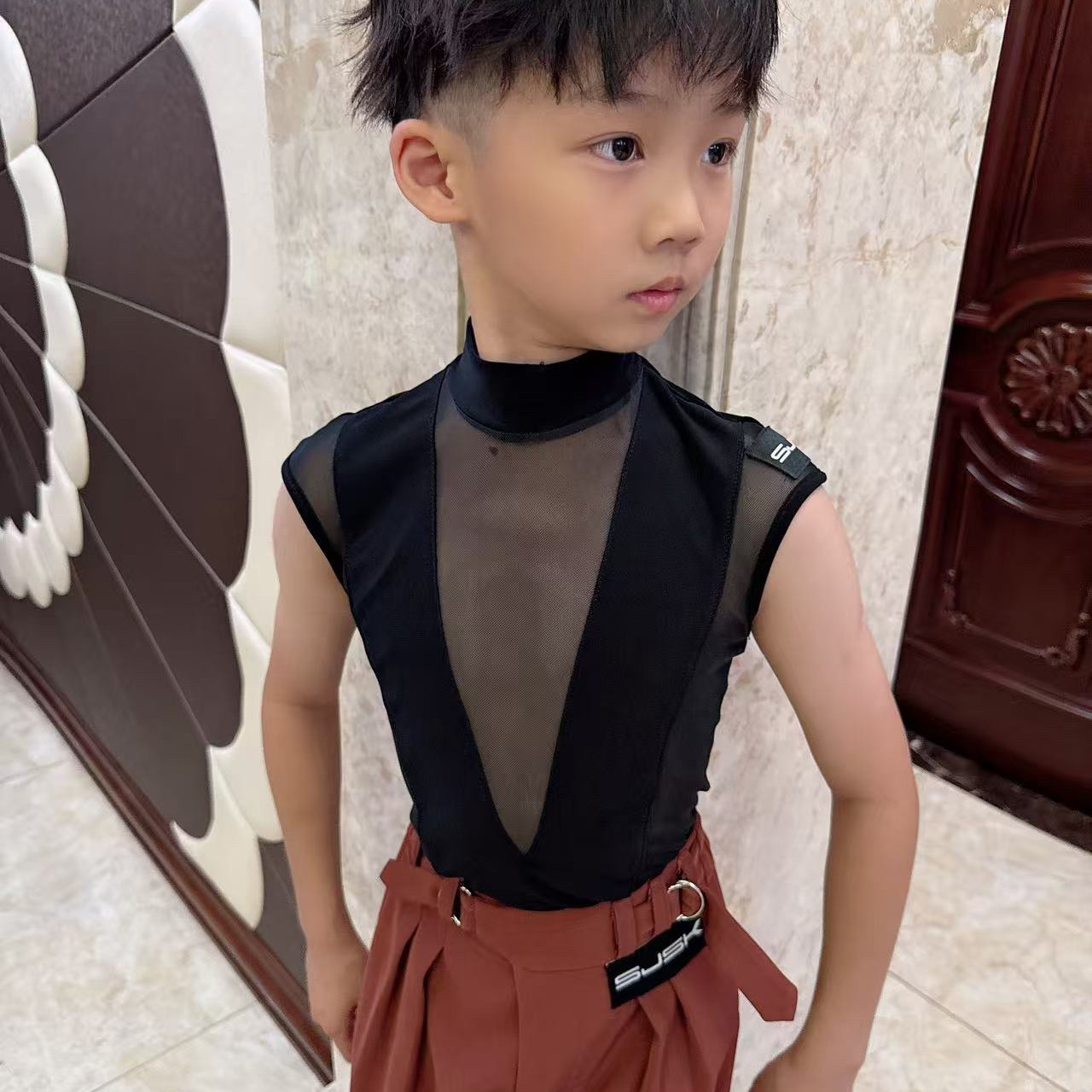盛佳舞服拉丁舞男生练习服拼接上衣