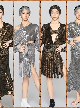 sswang舞服少儿拉丁舞闪光豹纹挂脖两穿系带宽松长袖摩登练习服