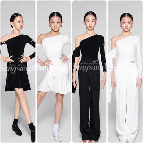 sswang舞服少儿拉丁舞斜肩可拆卸飘带抽绳摩登裤子套装女童练功服