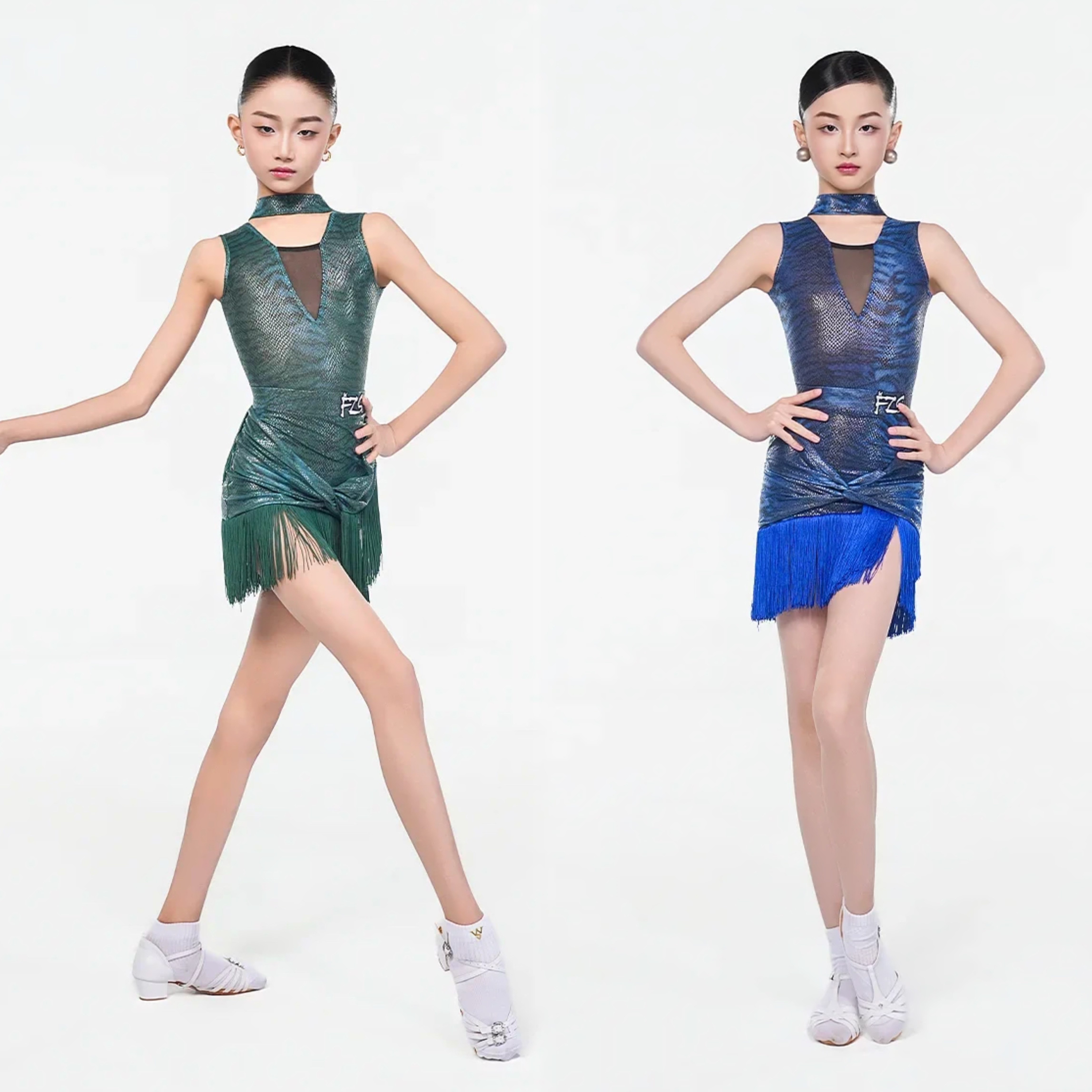 FZS舞服少儿拉丁舞2026夏季新款拉丁舞女斑纹网纱流苏套装女童
