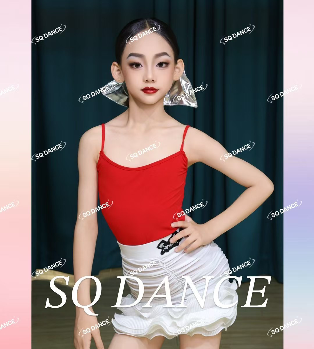 SQ舞服春夏少儿拉丁舞红色吊带套装女童跳舞波浪裙表演服